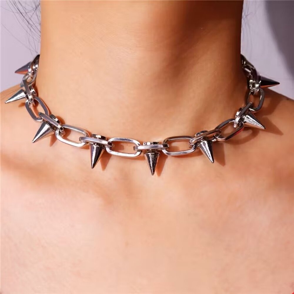 Chunky Spike Choker Necklace Chain Bold Statement Sexy Exaggerated Emo Goth Rave - Picture 5 of 5
